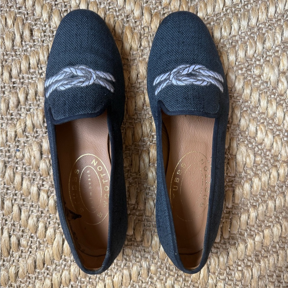 Stubbs & Wootton Navy Linen Loafers with Nautical Knot Design